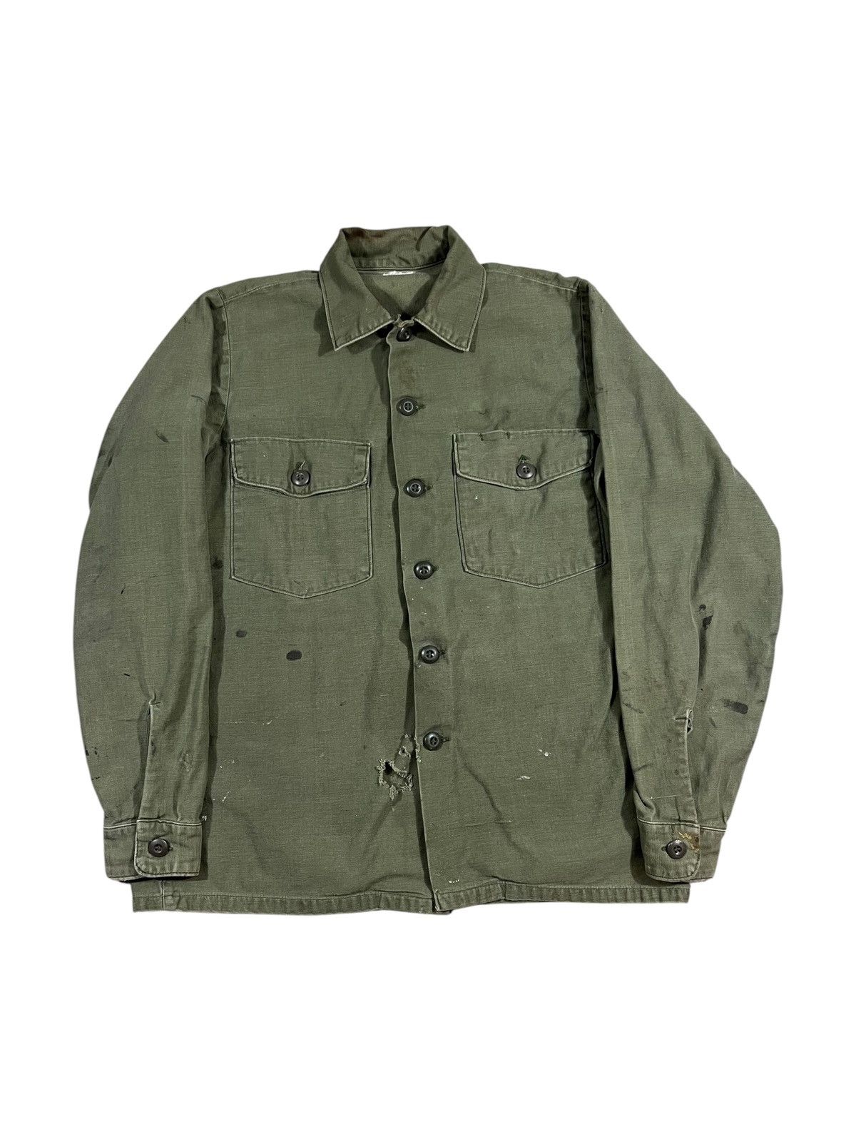 Vintage Vintage 70s OG 107 Fatigue Shirt Faded Painted Green Size US S / EU 44-46 / 1 - 1 Thumbnail