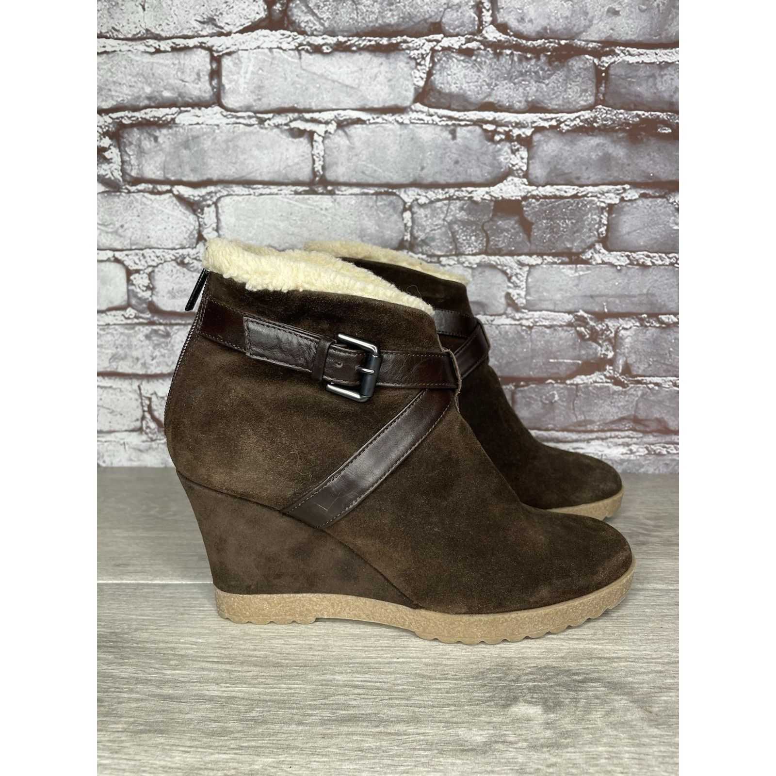 Aquatalia Aquatalia Brown Suede Faux Fur Strap Ankle Wedge Booties Wom Size US 10 / IT 40 - 14 Thumbnail