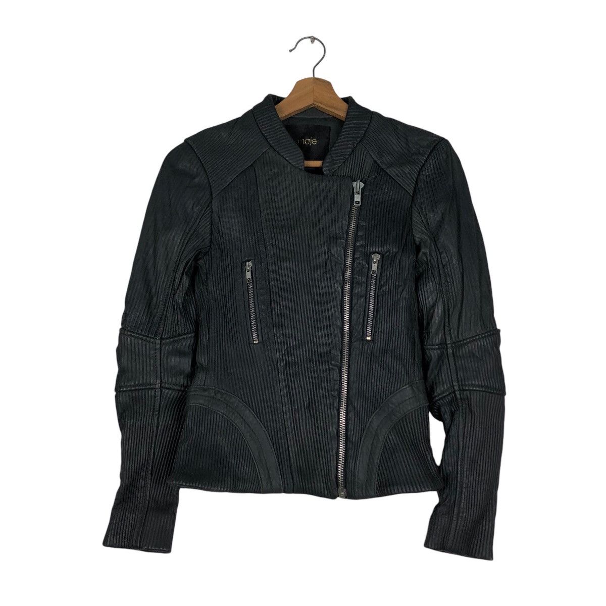 Japanese Brand 📌Cropped Biker Leather Jacket Pleated Maje Bondage Design Size XS / US 0-2 / IT 36-38 - 2 Thumbnail