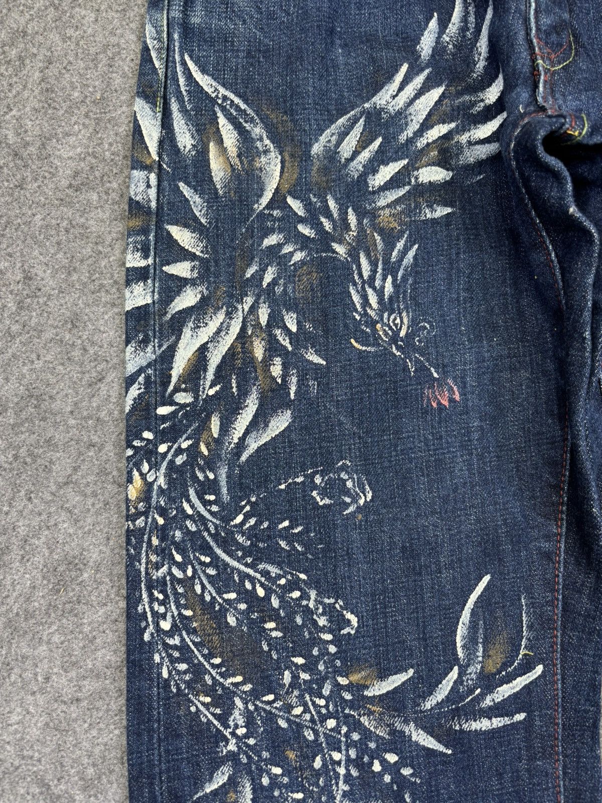 Japanese Brand 💥Artisanal💥Zen Clothing Flying Pheonix Mural Denim F706 Size US 27 - 6 Thumbnail