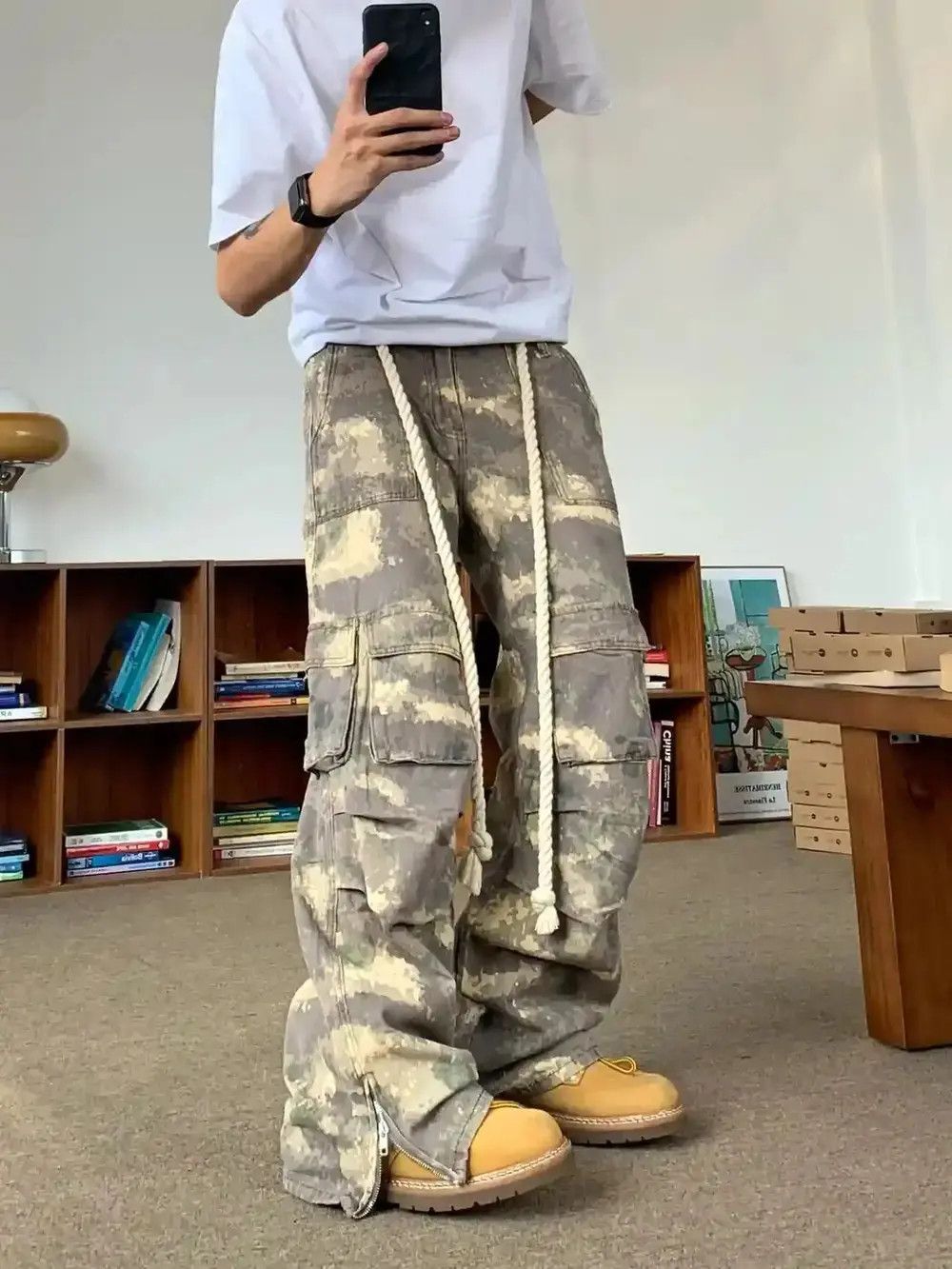 image of Vintage Y2K Distressed Flared Baggy Cargo Pants in Camo, Men's (Size 29)