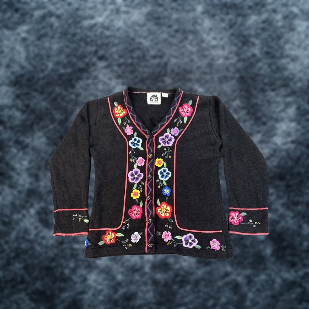 Vintage VINTAGE Story Books Knits Cardigan Sweater Womens Black Floral Embriodered 90s Size M / US 6-8 / IT 42-44 - 1 Thumbnail