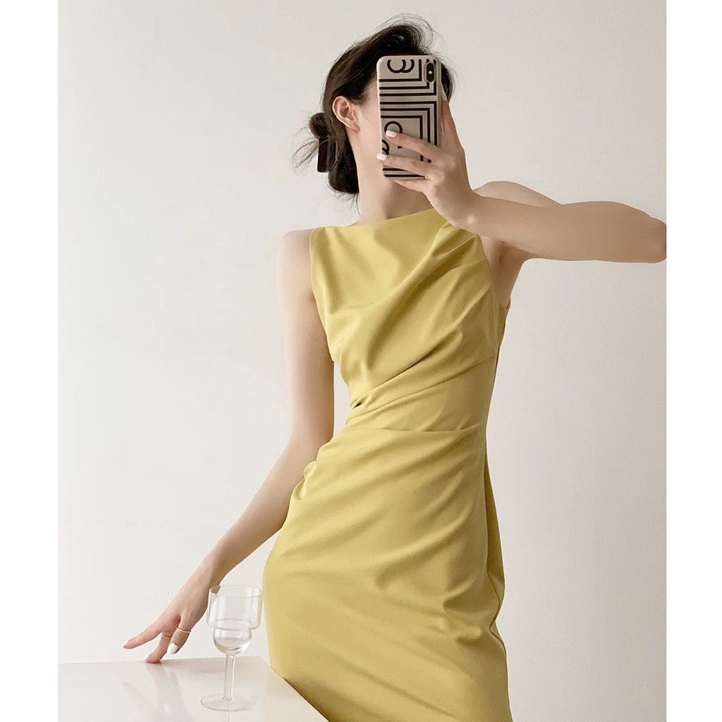 Zara Elegant Yellow Draped Boat Neckline Midi Dress Size S / US 4 / IT 40 - 2 Thumbnail