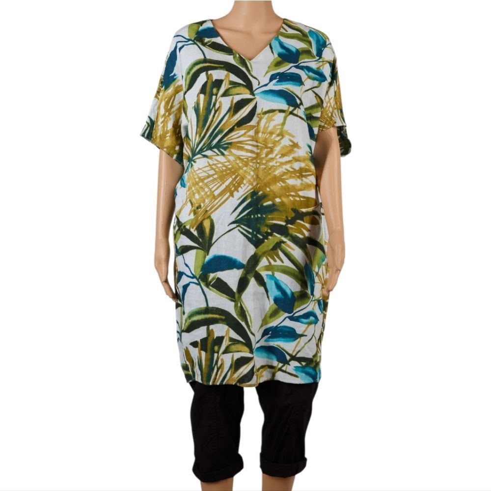 Chicos Chico's Linen Palm Print Tunic Wedge Short Dress Multi- Colo Size L / US 10 / IT 46 - 2 Thumbnail