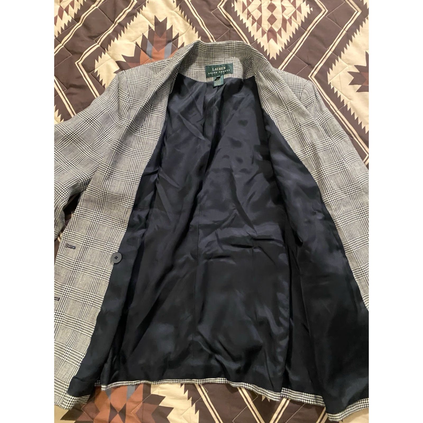 VINTAGE Lauren Ralph Lauren Blazer Women’s Double Breasted 14W 100% Linen Houndstooth Multicolor