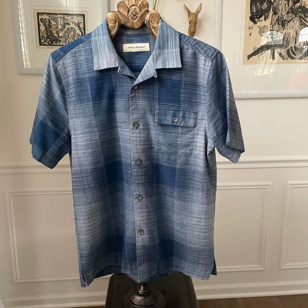 Tommy Bahama Tommy Bahama Silk Cotton Blue Plaid Short Sleeve Button Up S Size US M / EU 48-50 / 2 - 2 Thumbnail