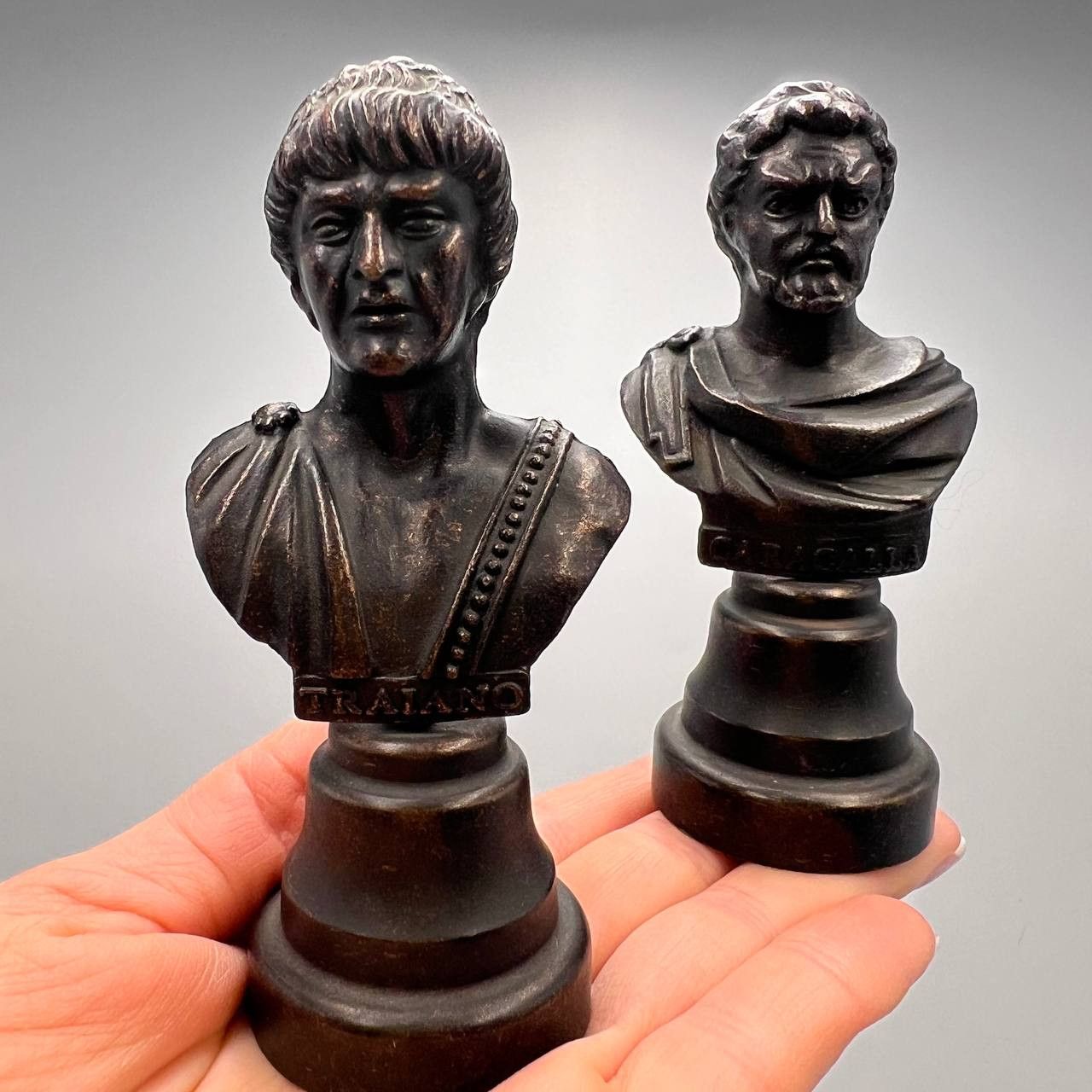 Two Vintage metalStatue Bust Roman Emperors Caracalla Traian