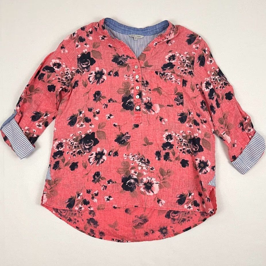 Vintage John Mark Blouse Womens M Pink Floral Linen Popover Roll Tab Wired Collar Boho Size M / US 6-8 / IT 42-44 - 2 Thumbnail