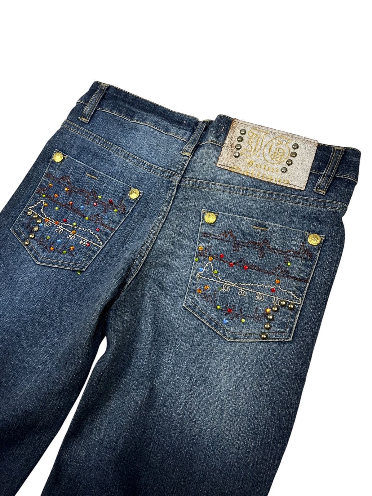 John Galliano × Vintage Vintage John Galliano y2k Studded Embroidered Washed Jeans Size 29" - 9 Thumbnail