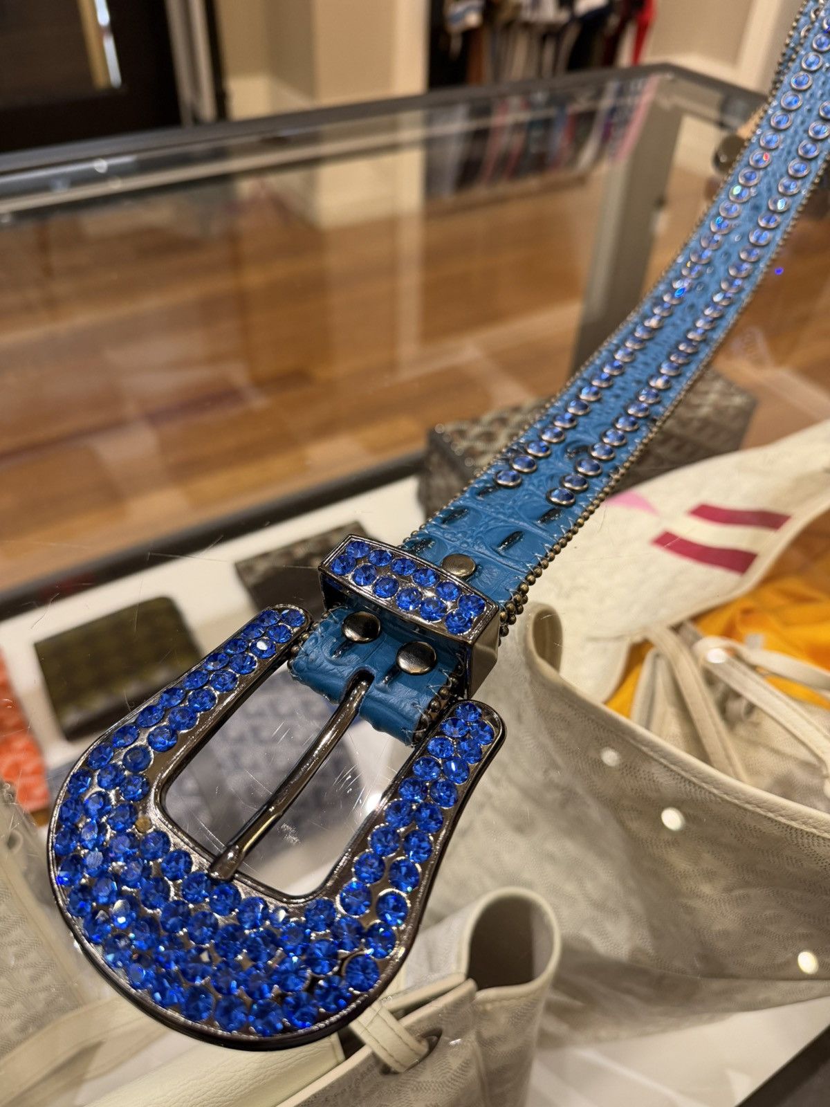 B.B. Simon B.B. Simon Khayyam 7 Blue Swarovski Crystal Leather Belt Size 32 - 3 Thumbnail
