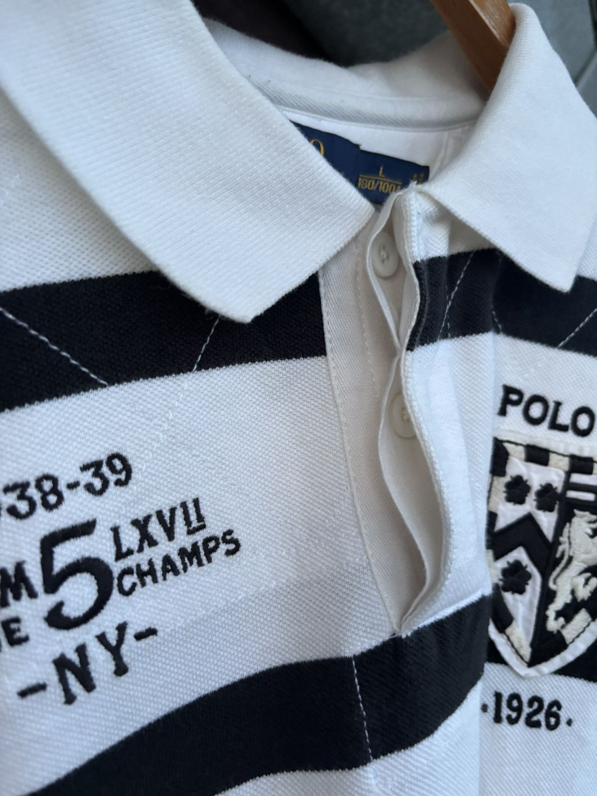 Polo Ralph Lauren Polo RL Champ Shield 5 Patch Black & White Striped Polo Size US L / EU 52-54 / 3 - 9 Thumbnail