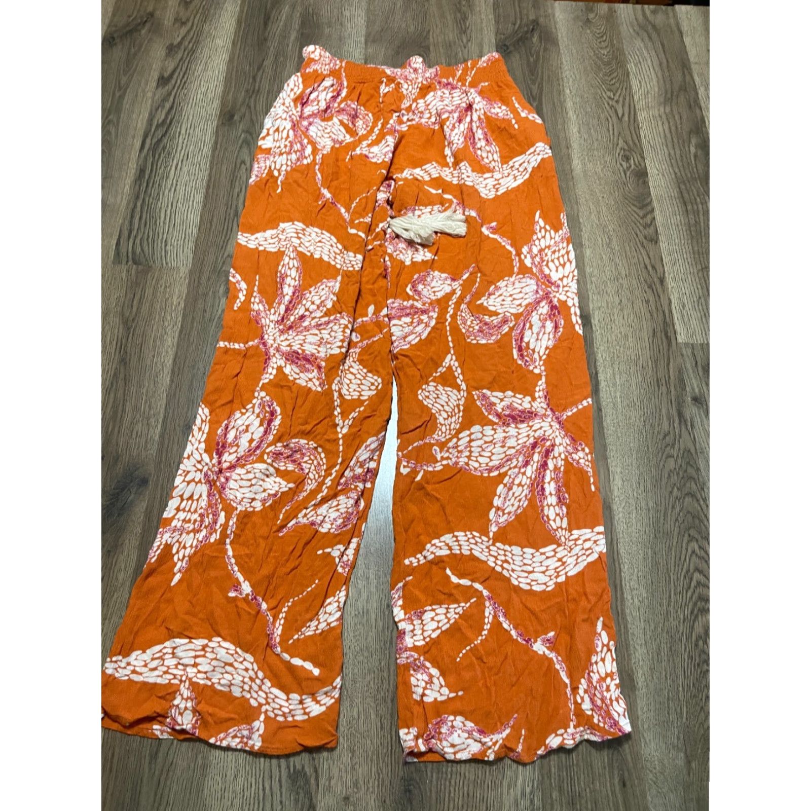 Vintage Maurices Pants Women XS Orange White Floral Pull On Straight Casual Pants Ankle 28 in Regular Inseam Size 26" / US 2 / IT 38 - 2 Thumbnail