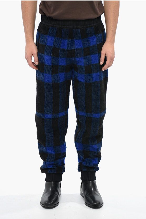 image of Burberry Wool Blend Teddy Sweatpants With Gingham Motif in Blu/Nero, Men's (Size 32)