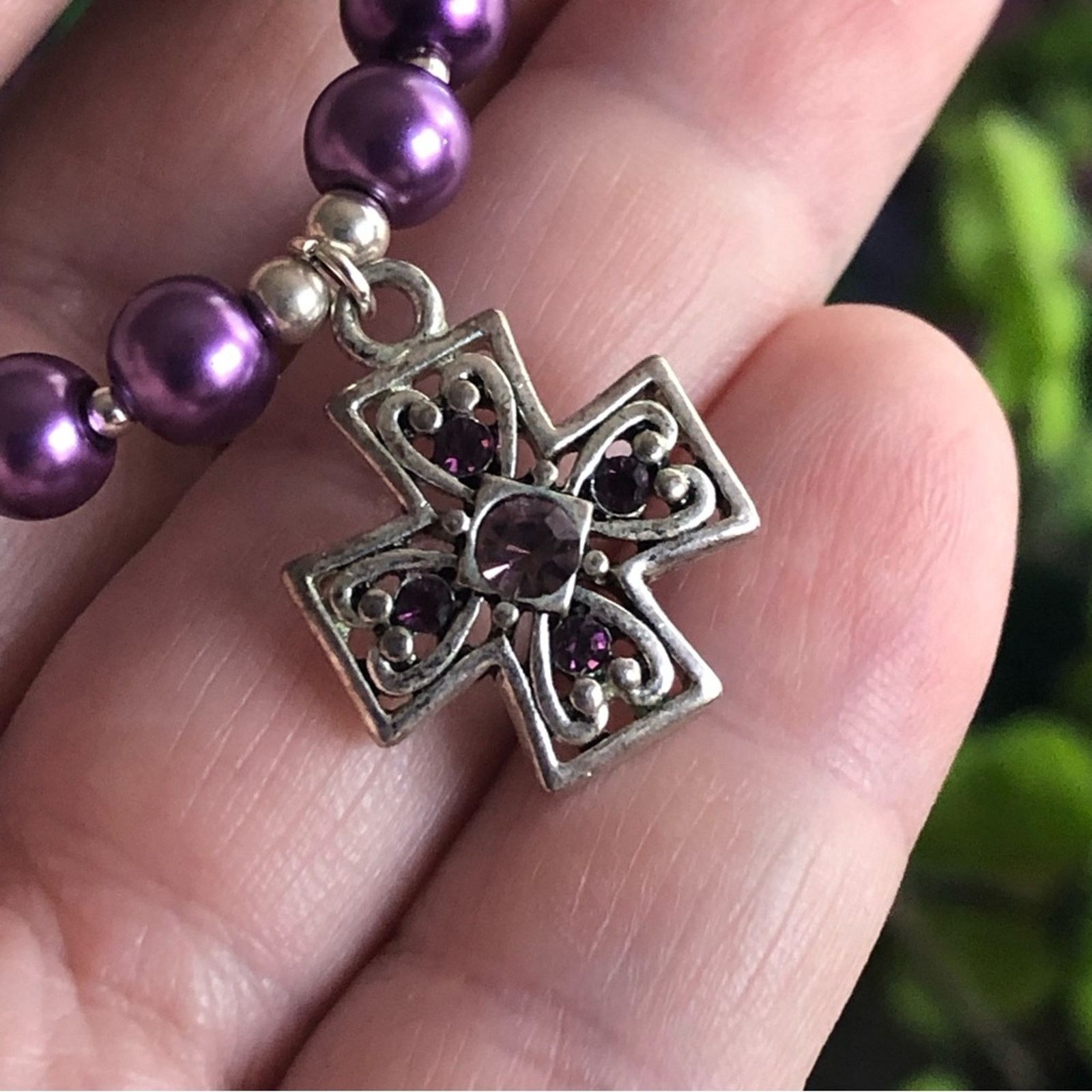 Handmade Handcrafted repurpose Maltese cross pendant Pearl necklace Size ONE SIZE - 8 Thumbnail