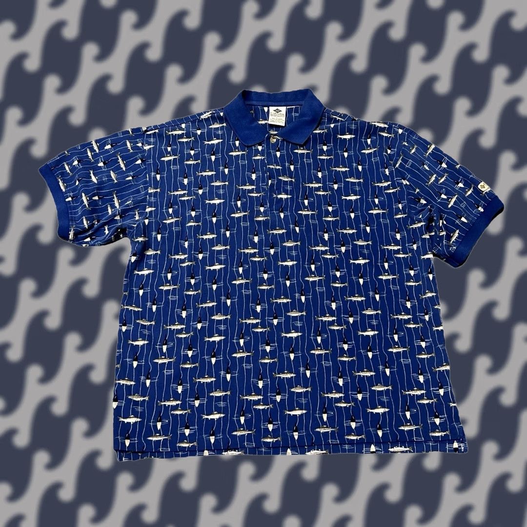 Vintage Columbia Polo Shirt Men’s Large Blue Fish Print Golf Outdoor Casual Shirt Short Sleeve Knit Cotton 100% Classic Fit Button Closure Size US L / EU 52-54 / 3 - 1 Thumbnail