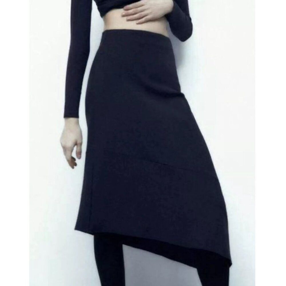 Zara NWT New Zara Asymmetrical Ribbed Knit Navy Viscose Skirt Si Size 36" / US 14 / IT 50 - 3 Thumbnail