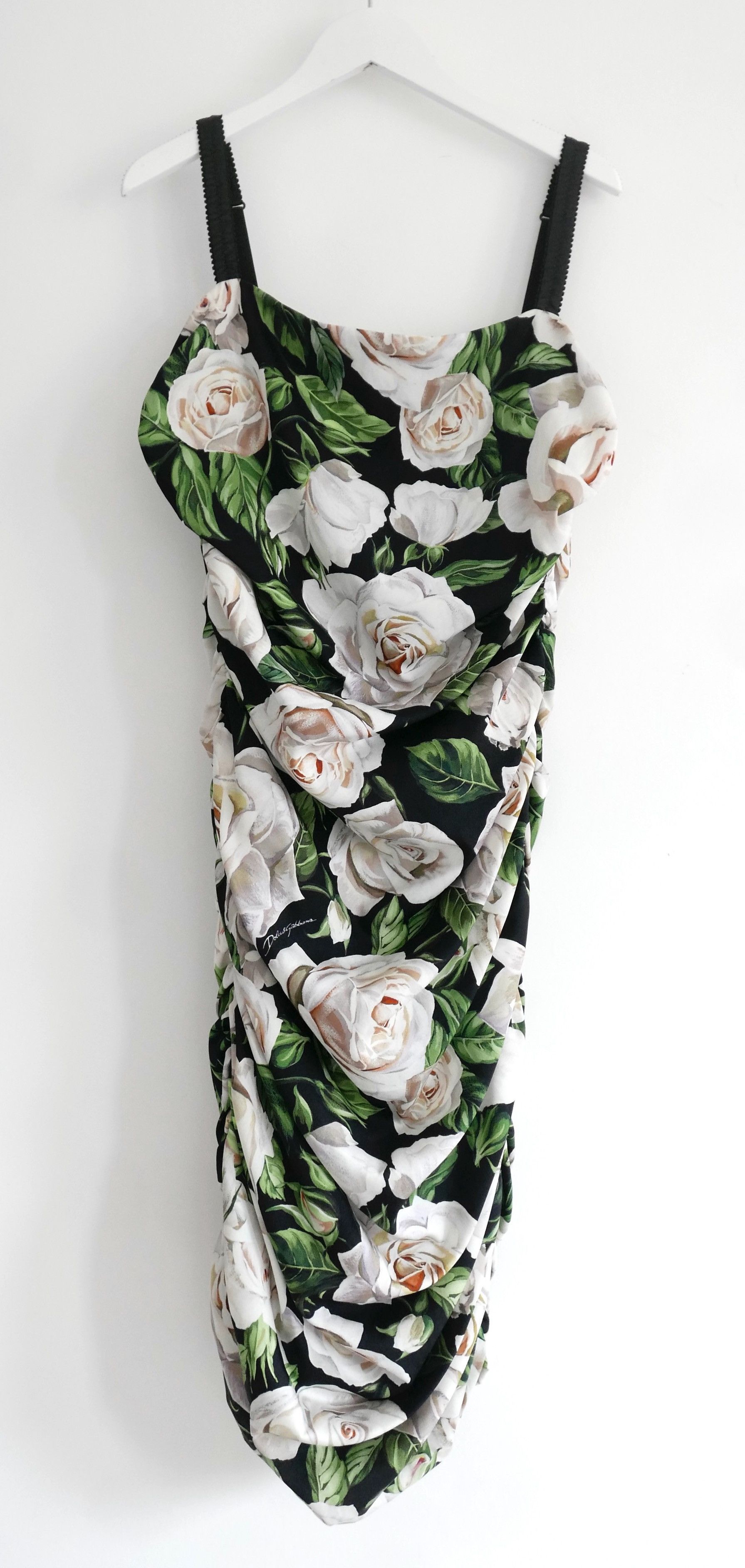 image of Dolce Gabbana White Rose Silk Ruched Strap Dress, Women's (Size Medium)