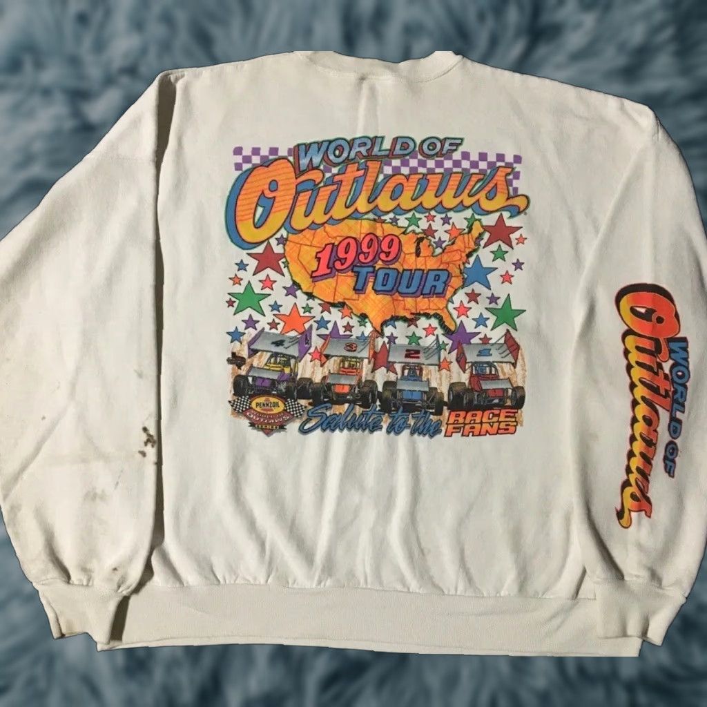 Vintage Vtg 90s World Of Outlaws Race Faded Distress AOP Sweatshirt 3X NASCAR Car Grunge-Shirt Mens 3XL White Racing Boxy Pullover Size US XXL / EU 58 / 5 - 1 Thumbnail