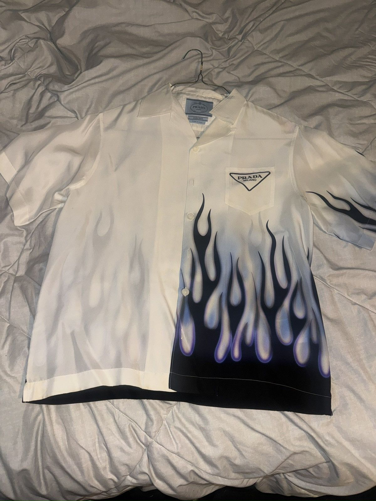 Prada double match box silk shirt white W/ blue flames
