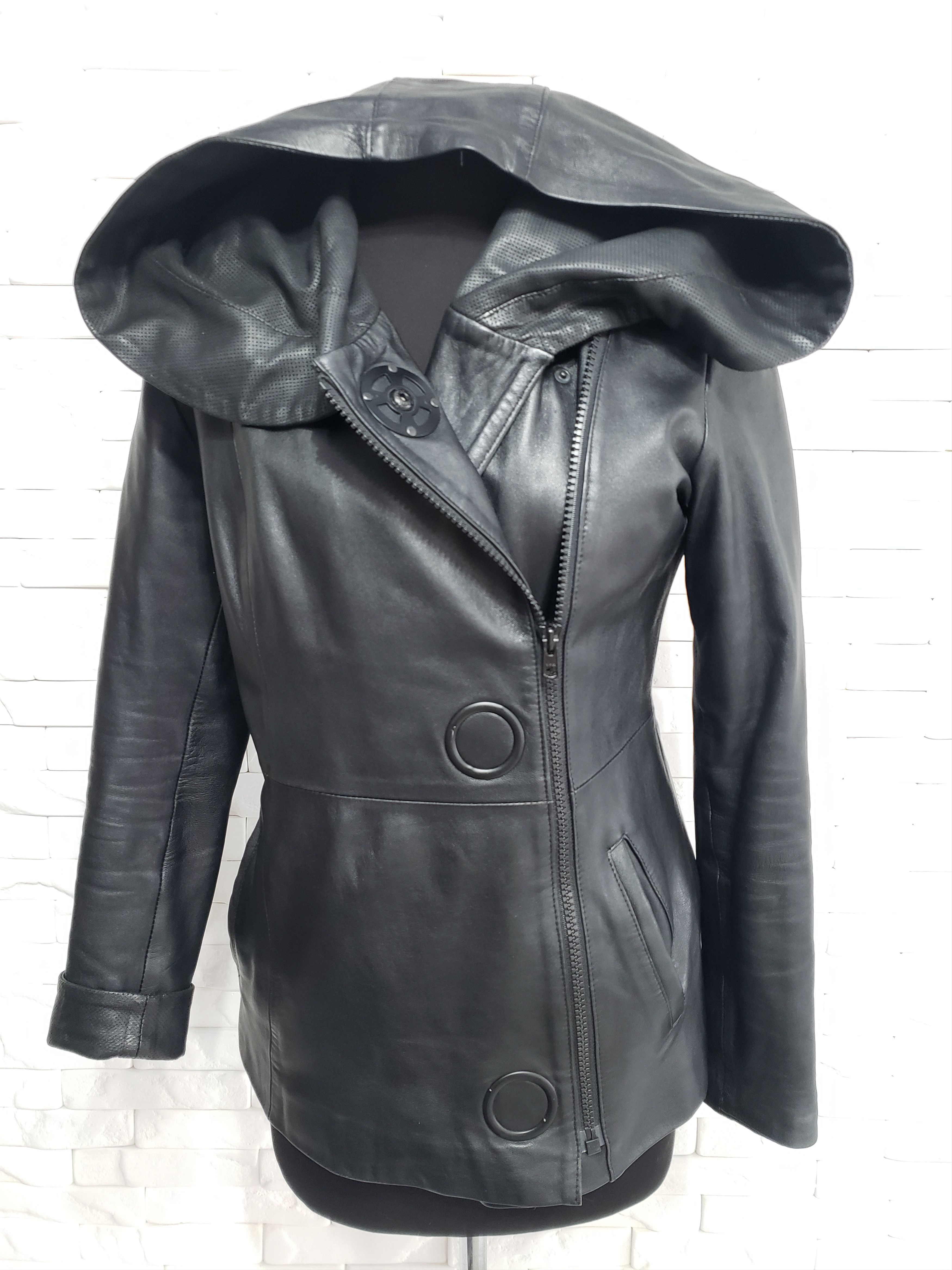 Genuine Leather × Uniqlo Black women's leather jacket with a hood. Size L / US 10 / IT 46 - 2 Thumbnail