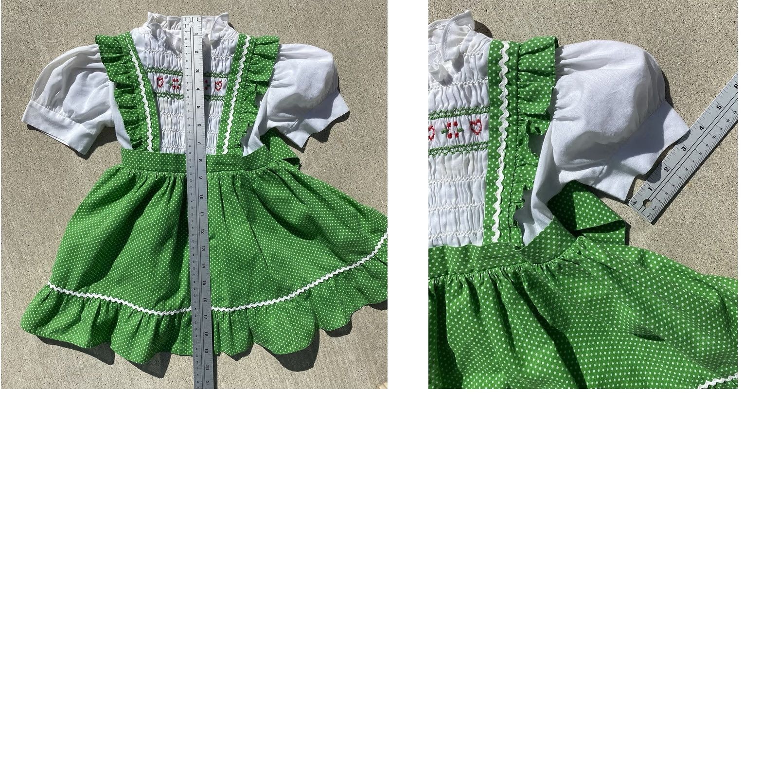 Vintage VINTAGE Polly Flinders Hand Smocked Dress Green Polka Dot Girls Size 4 70s 80s Size ONE SIZE - 11 Thumbnail
