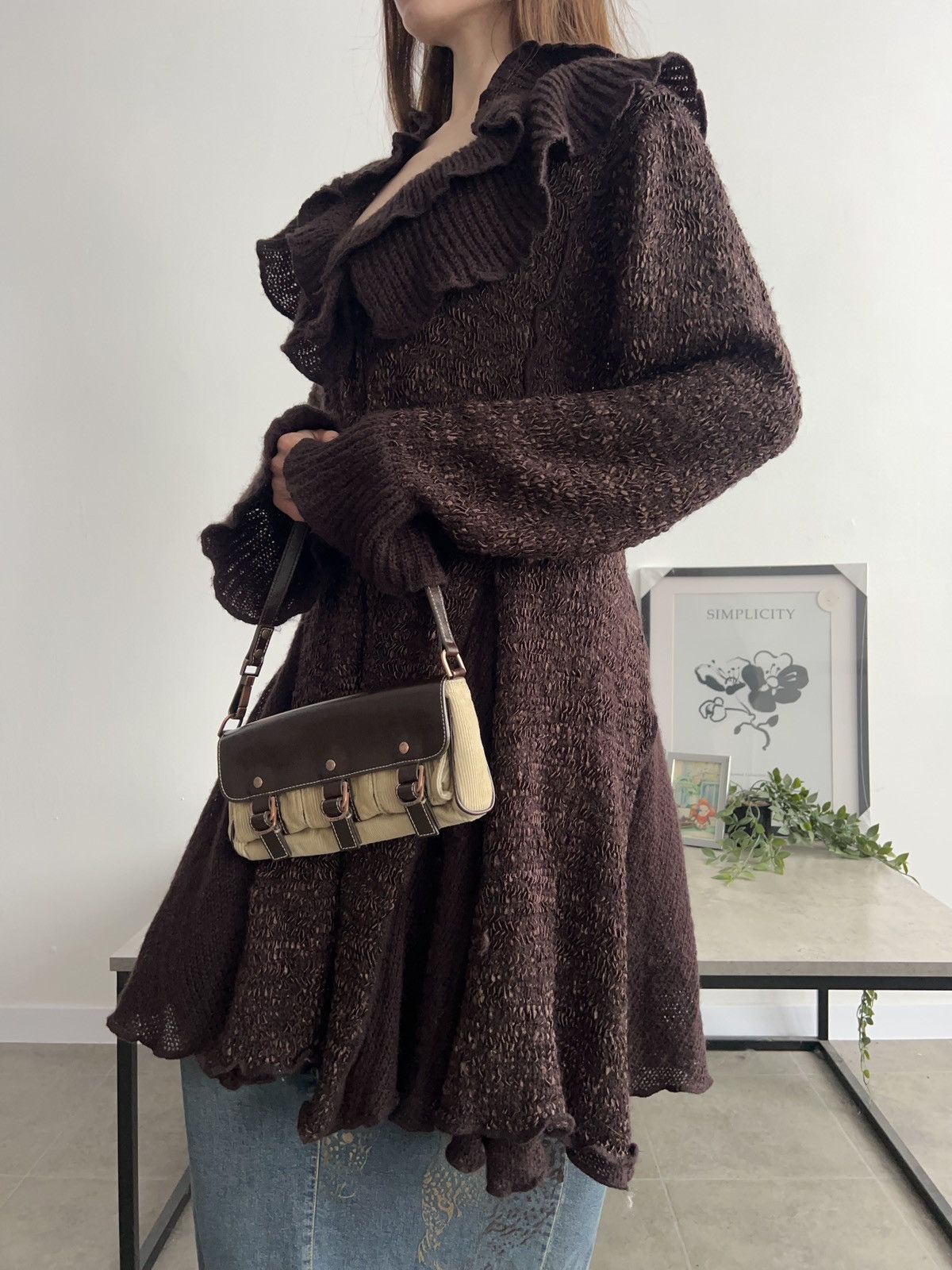 Vintage Gorgeous Long Knit Cardigan Brown Ruffle Y2K Vintage Size M / US 6-8 / IT 42-44 - 2 Thumbnail