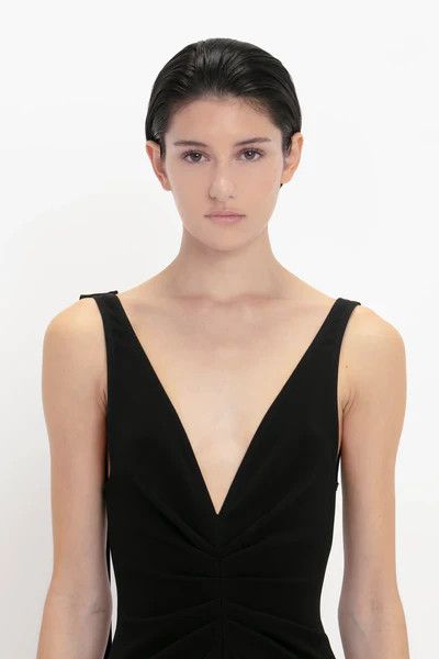 Victoria Beckham o1mle0525 V-Neck Gathered Waist Gown in Black Size M / US 6-8 / IT 42-44 - 4 Thumbnail