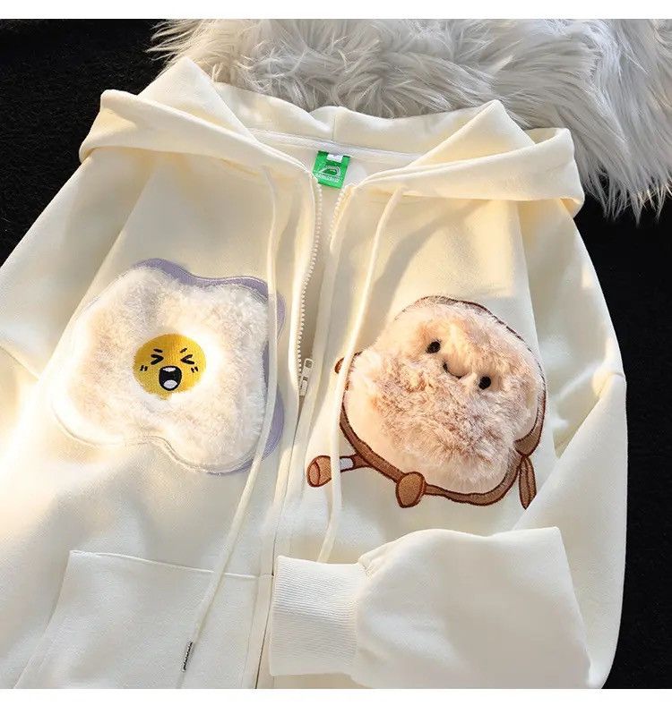 Egg Bread Embroidery Women Zip-up Hoodies Cardigan