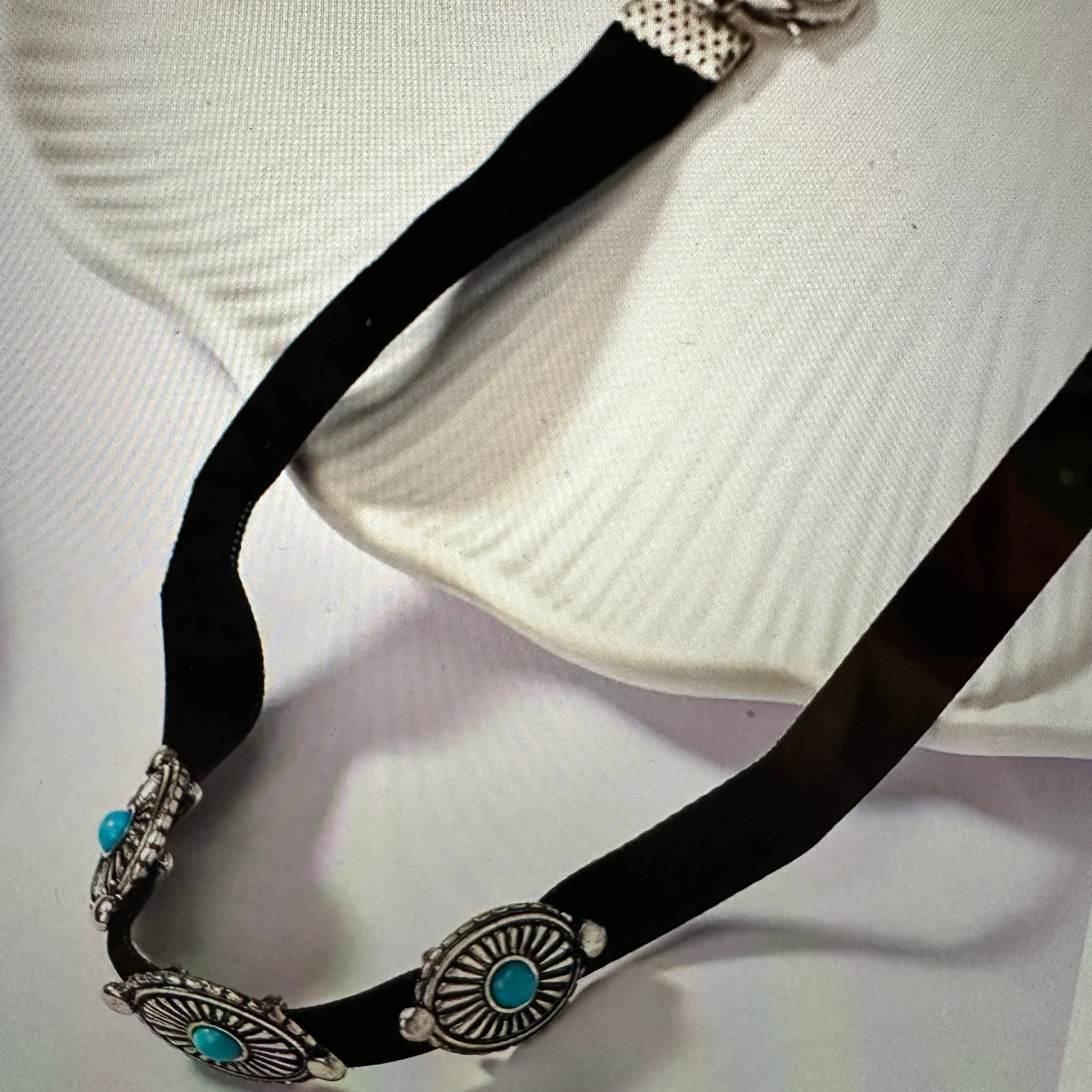Other Turquoise Concho Choker Necklace with Black Velvet - Boho We Size ONE SIZE - 5 Thumbnail