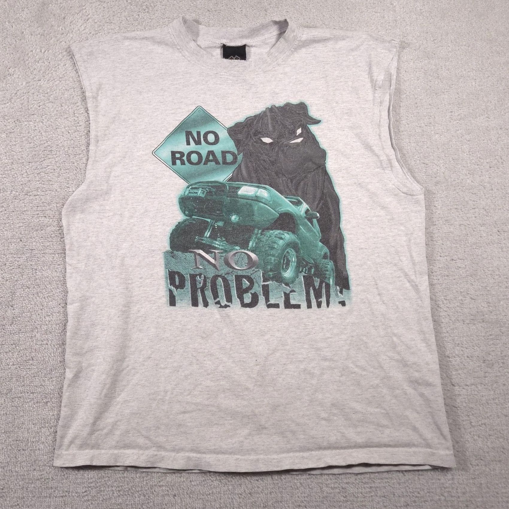 Vintage No Road No Problem Shirt Mens XL Gray Sleeveless Crew Neck Graphic Print 4x4 Truck Muscle Tee Size US XL / EU 56 / 4 - 2 Thumbnail