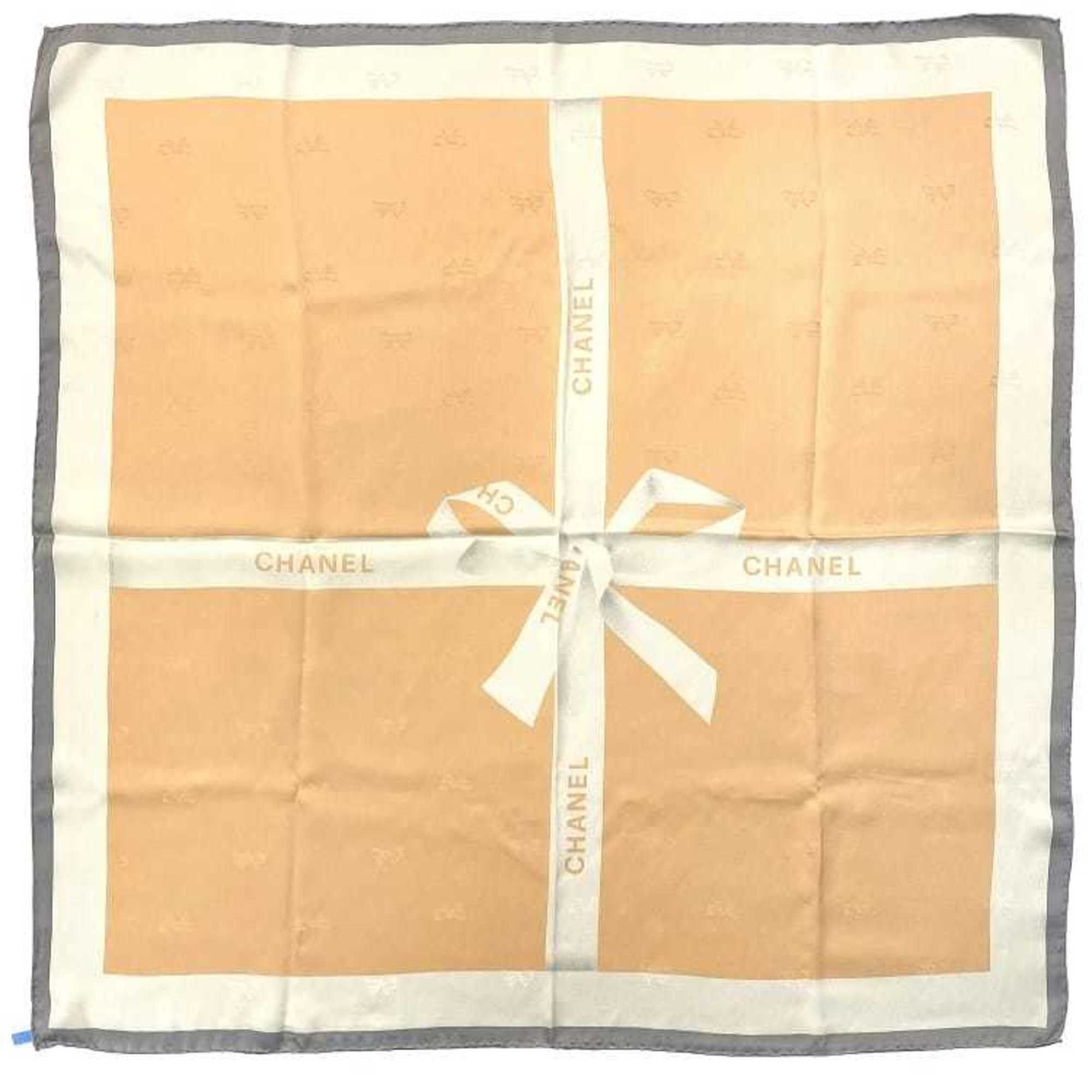image of Chanel Large Scarf Muffler Orange Beige Cream Gray Silk 100% Ribbon Pattern Ladies, Women's