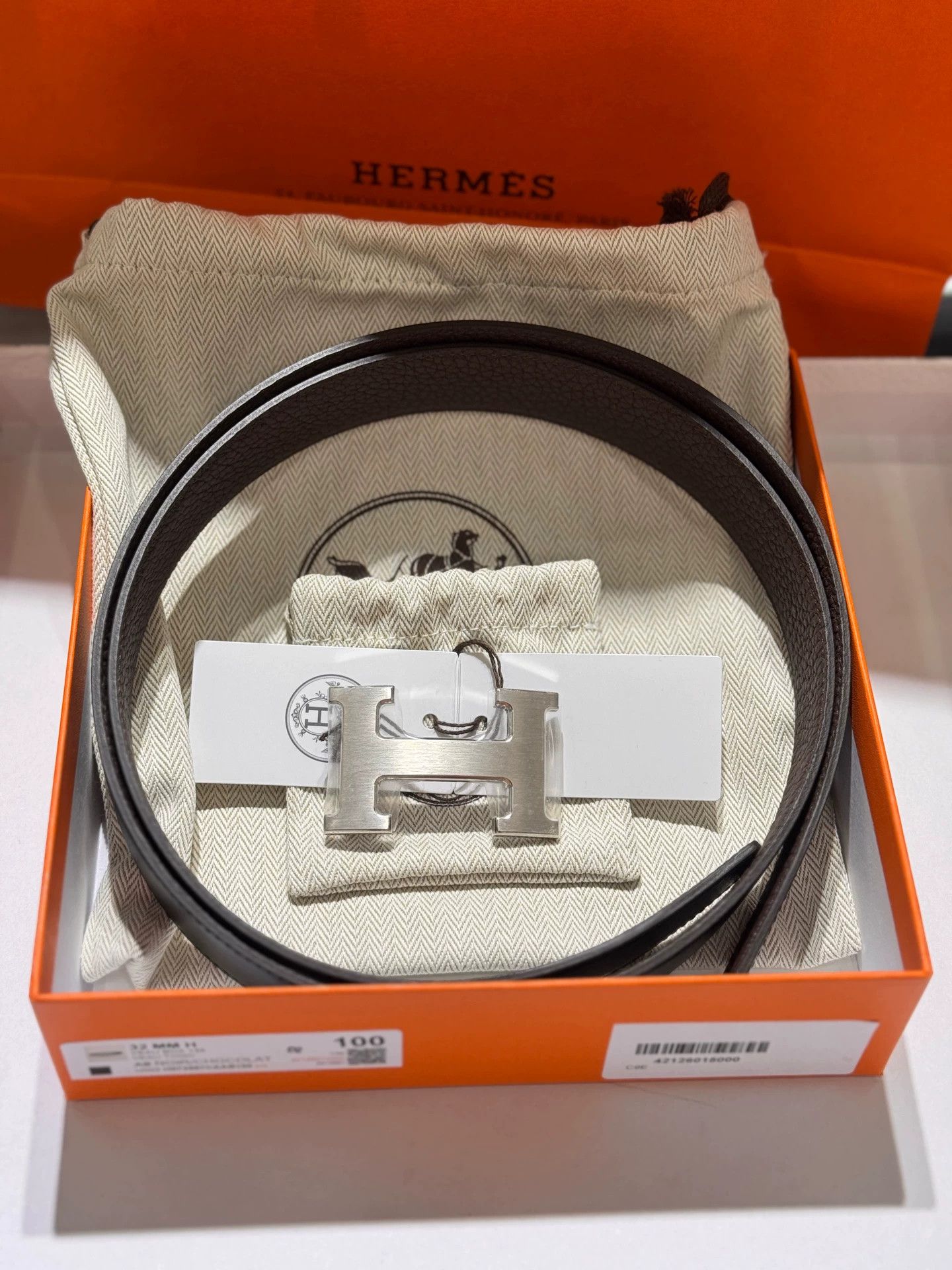 Hermes HERMES Double Cowhide 32mm 100cm Belt Black Choc H Silver K Size ONE SIZE - 1 Thumbnail