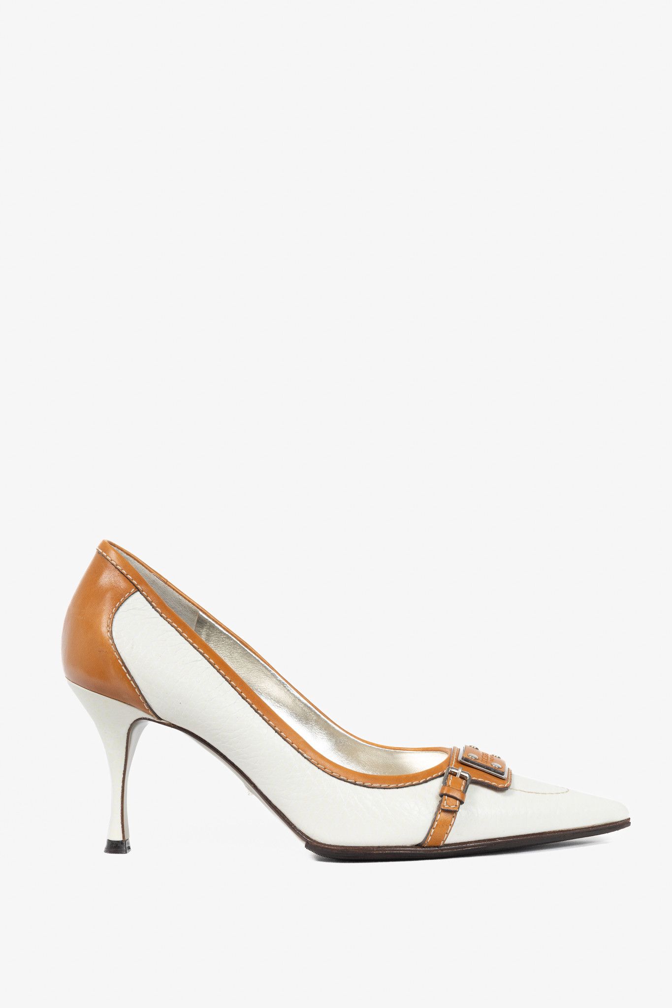 Dolce & Gabbana Dolce & Gabbana White & Cognac Logo-Plate Pumps Size US 7.5 / IT 37.5 - 1 Thumbnail