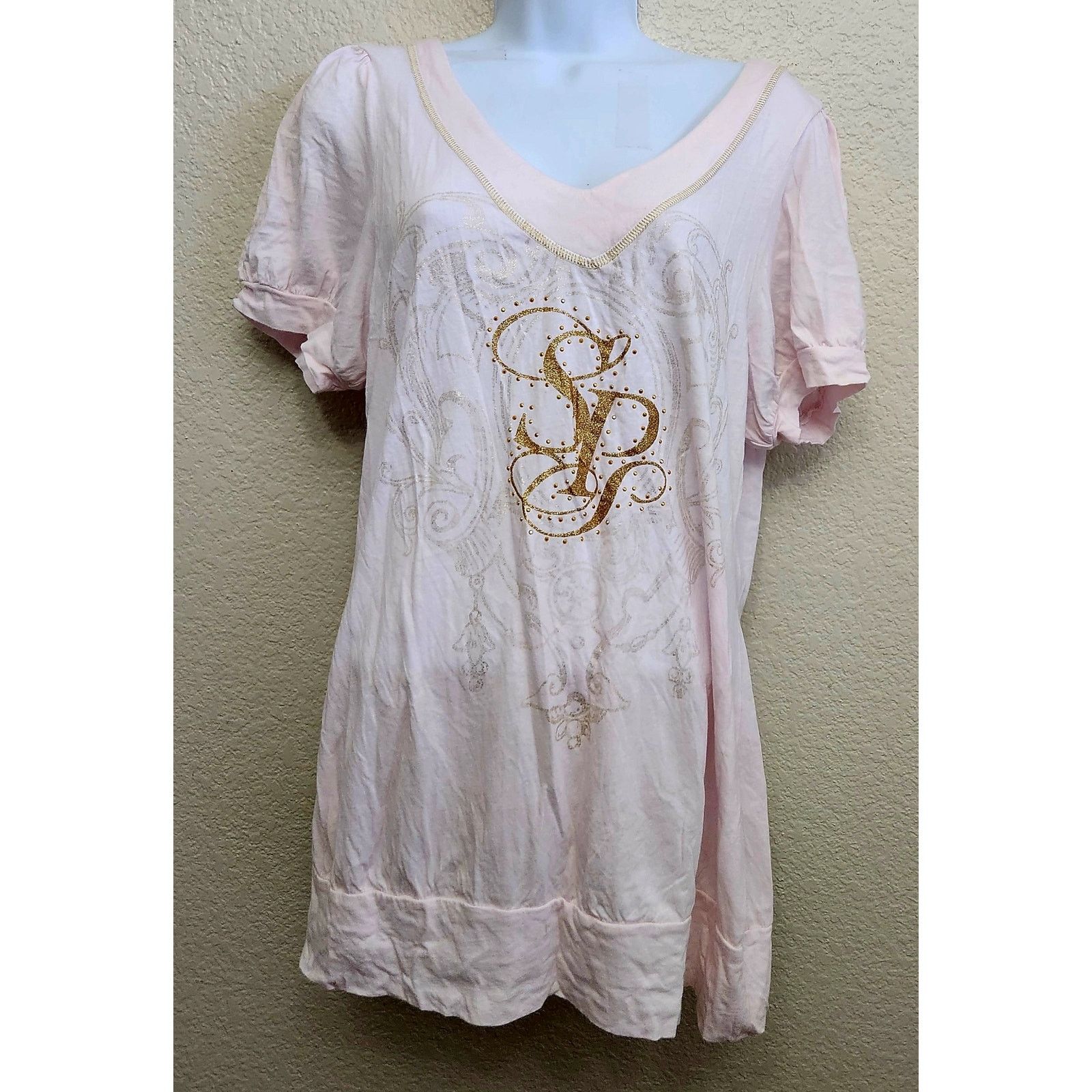Southpole South Pole Light Pink Gold Embellished Double V Neck Top XXL Size XXL / US 16-18 / IT 52-54 - 1 Thumbnail