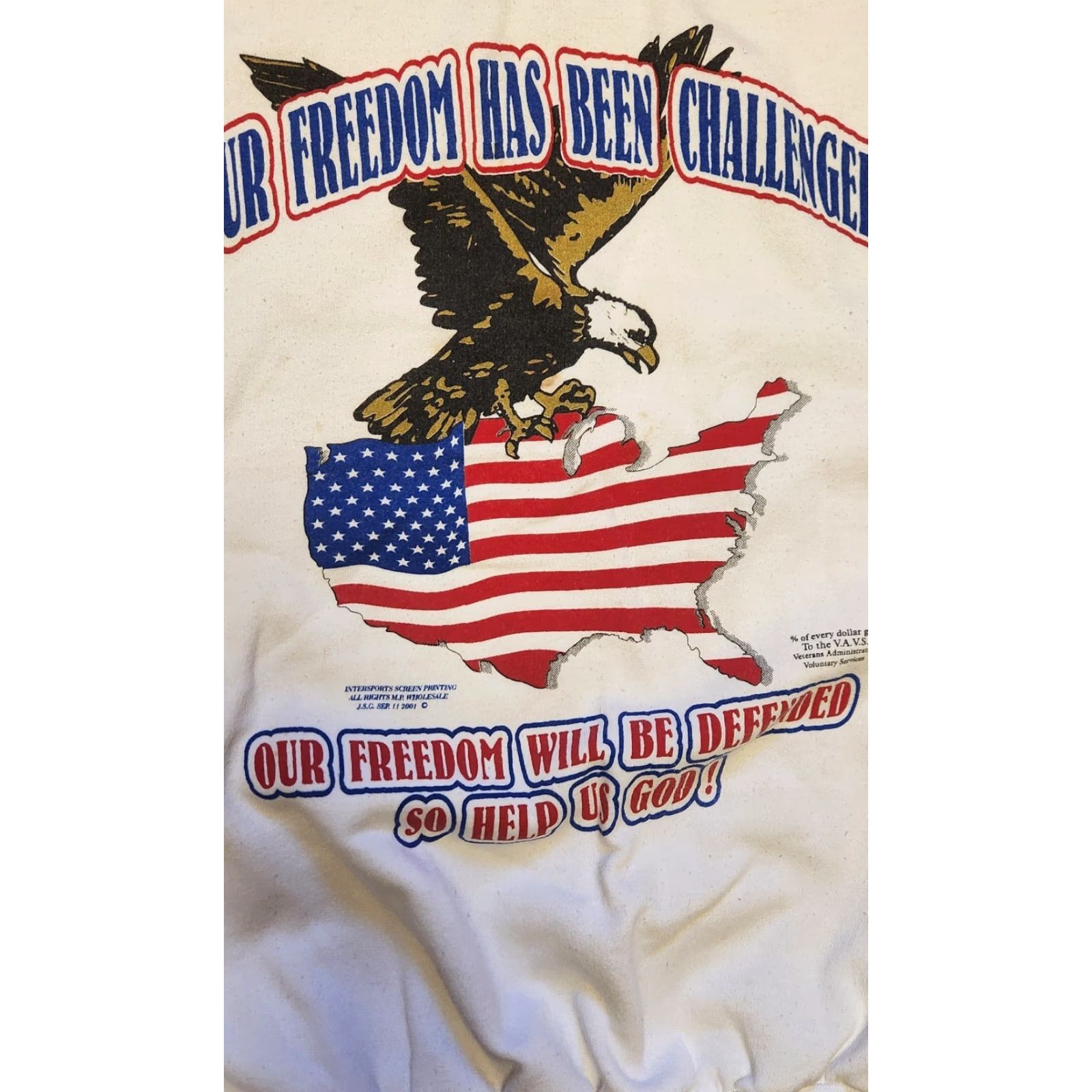 Jerzees VINTAGE Jerzees Sweatshirt Men’s XL Our Freedom Has Been Challenged 9/11 USA Eagle White Size US XL / EU 56 / 4 - 5 Thumbnail