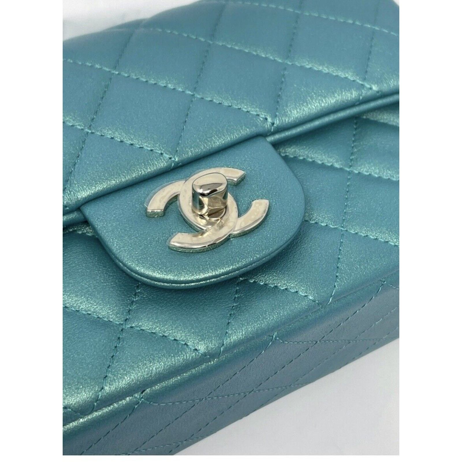 Chanel Mini Rectangular Classic 21S Green Iridescent Flap