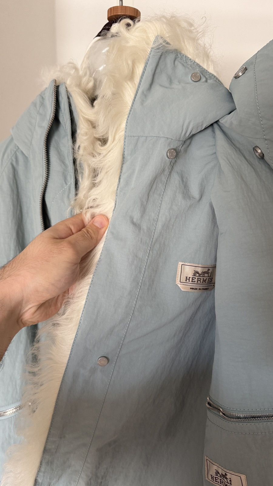 Hermes $20,000 FW22 Mens Runway 2 in 1 Ice Blue Lamb Fur Jacket Size US M / EU 48-50 / 2 - 9 Thumbnail