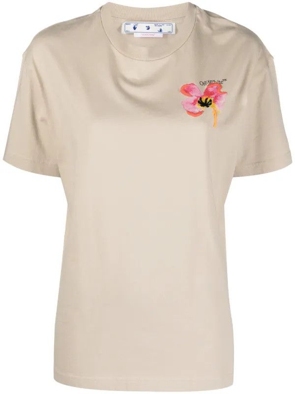 Off-White o1gr1nt0125 Floral Embroidered Logo Casual T-Shirt in Beige Size XS / US 0-2 / IT 36-38 - 1 Thumbnail
