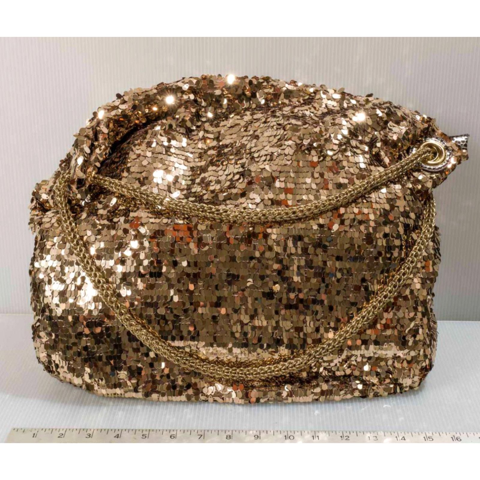 Bebe Copper Gold Sequin Embellished Handbag Featuring Chain Handle ...