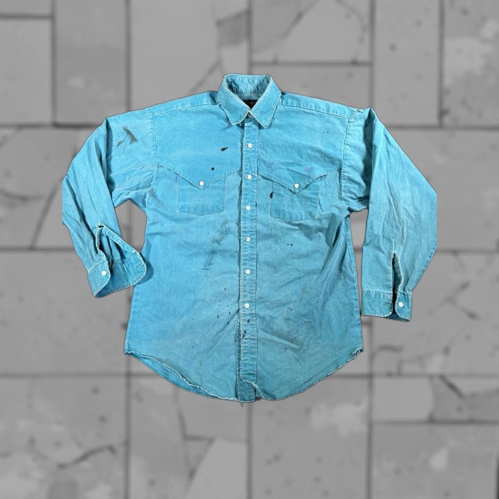 VINTAGE Panhandle Slim Shirt Men M Twill Teal Pearl Snap Cowboy Boho Western Solid Button-Up