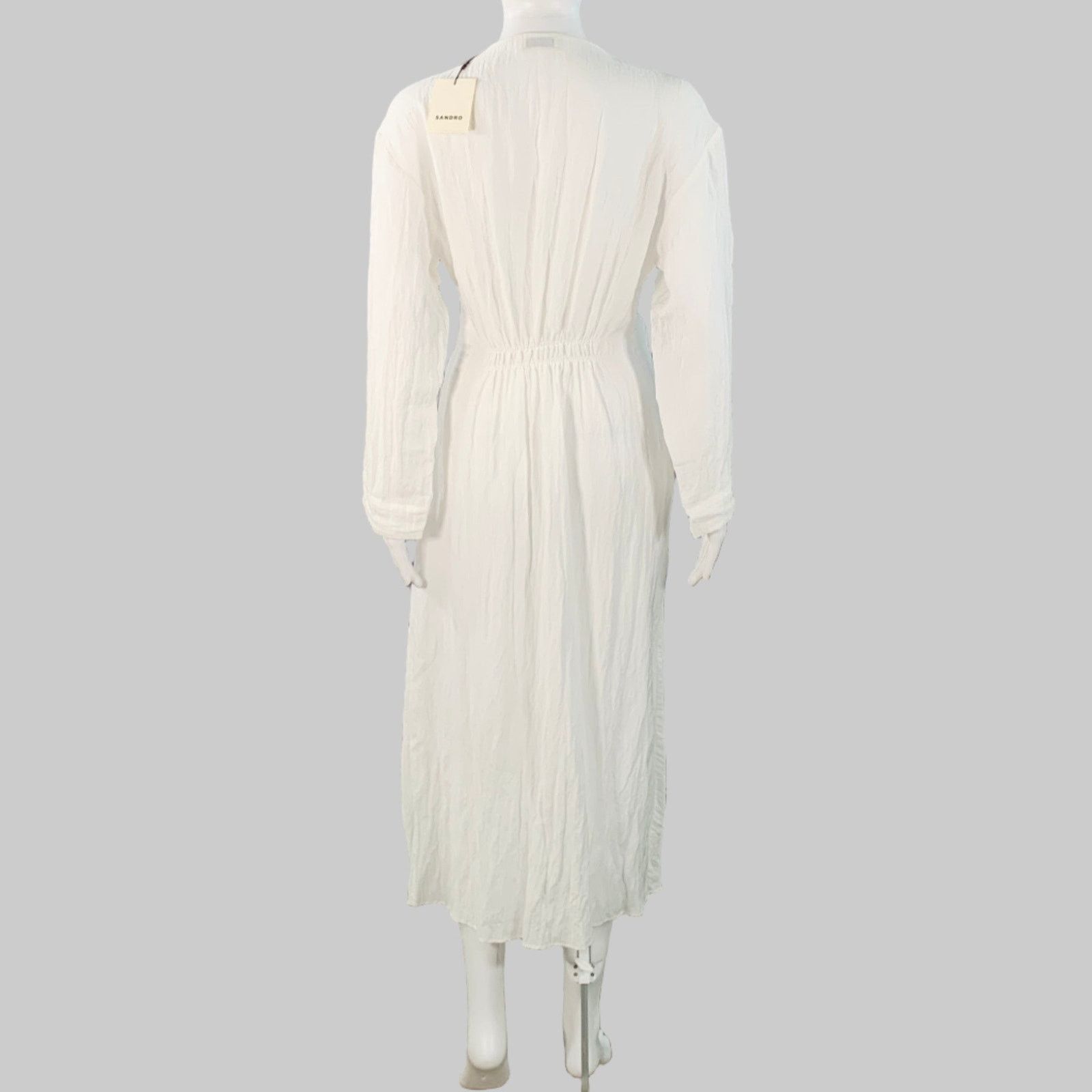 Sandro White Acetate Wrinkled Ruched Long Sleeve V-Neck Dress Size S / US 4 / IT 40 - 4 Thumbnail
