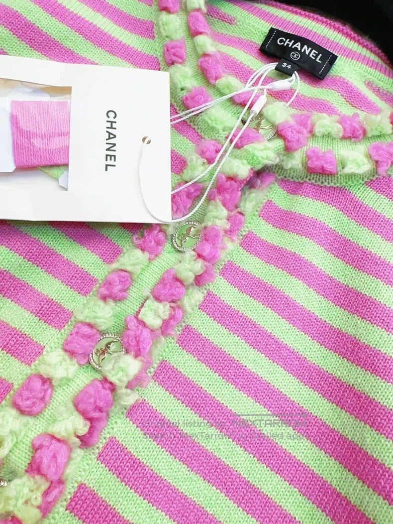 Chanel Chanel 25s new pink and green striped lace knitted cardiga Size XXS / US 00 / IT 34 - 5 Thumbnail