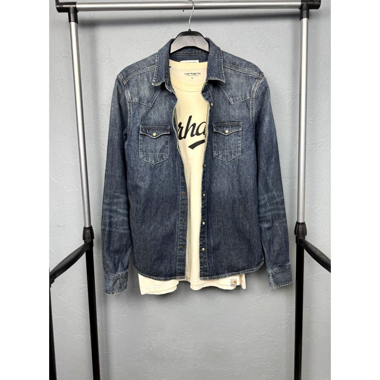 Allsaints AllSaints Murph Denim Shirt Mens M Blue Cotton Button-Up Long Sleeve Collared Snap Vintage No Size US M / EU 48-50 / 2 - 2 Thumbnail