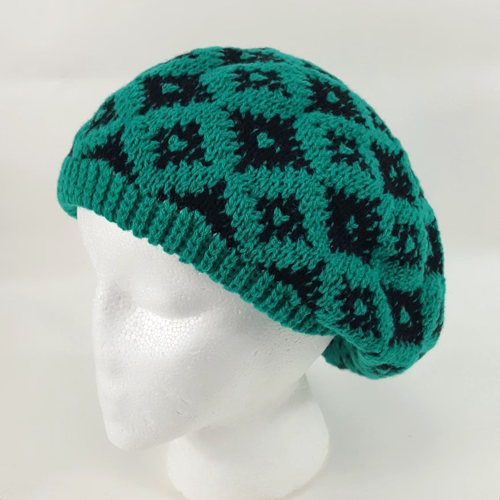Vintage VINTAGE 80s Knit Wool Teal Diamond French Beret Warm Winter Hat Womens One Size Size ONE SIZE - 3 Thumbnail