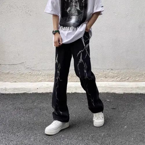 VIBE Black retro lightning print straight wide leg jeans Size US 30 / EU 46 - 4 Thumbnail
