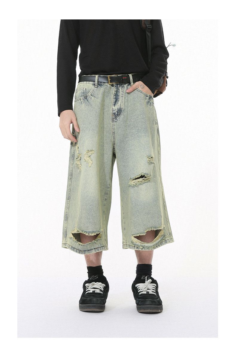 Vintage Men's Street Distressed Denim Shorts with Irregular Rips Size US 32 / EU 48 - 2 Thumbnail