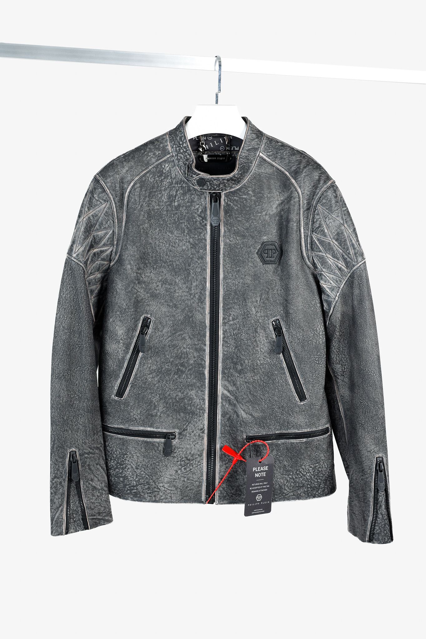 Philipp Plein Philipp Plein Grey Black Skull Leather Moto Jacket Size US XXL / EU 58 / 5 - 1 Thumbnail