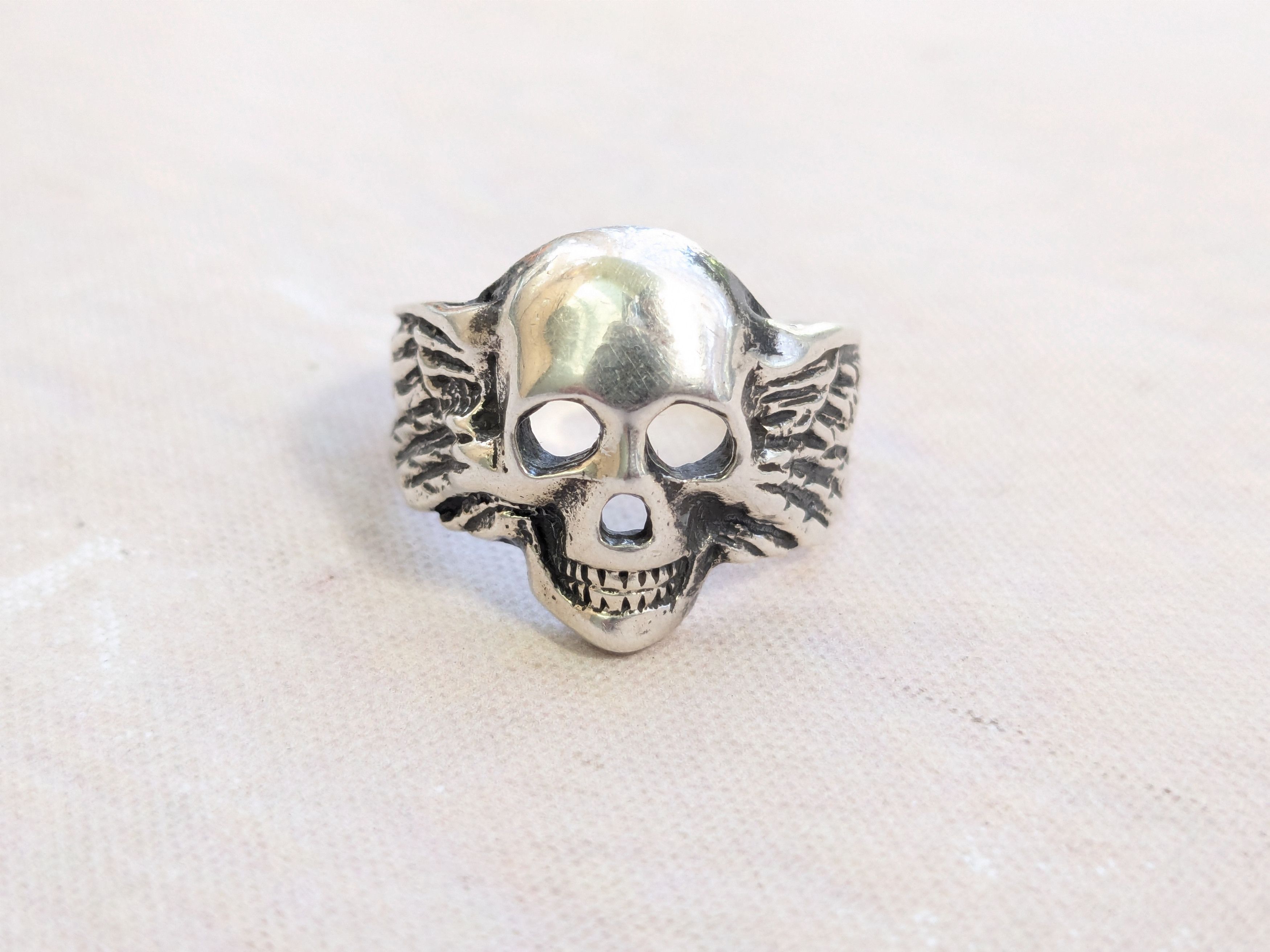 Jewelry × Vintage Vintage Sterling Silver Skull Ring Biker 10.75 Wings Size ONE SIZE - 3 Thumbnail
