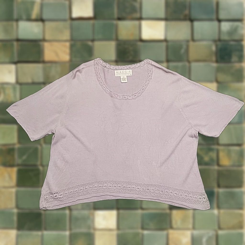 Vintage VINTAGE Maggie McNaughton Blouse Womens 2X Purple Silk Crochet Trim Short Sleeve Top Size XXL / US 16-18 / IT 52-54 - 1 Thumbnail