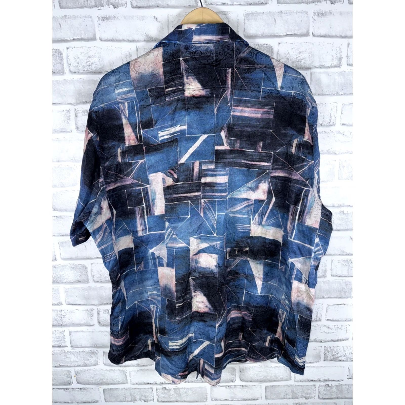Robert Graham Robert Graham Silk Blend Geometric Print Button-Up Shirt Mens 2XL Short Sleeve Blue Classic Fit Size US XXL / EU 58 / 5 - 6 Thumbnail